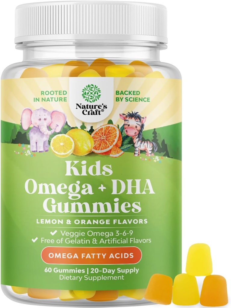 Παιδιά DHA Ωμέγα 3 Gummies - Λιπαρά Οξέα Ωμέγα 3 6 9 για τον εγκέφαλο, την ανοσοδύναμη & την όραση - Διατροφική DHA για τα παιδιά για υγιές νευρικό σύστημα & υποστήριξη εστίασης - Fish Free, Vegan & Non-GMO - 60 Chews