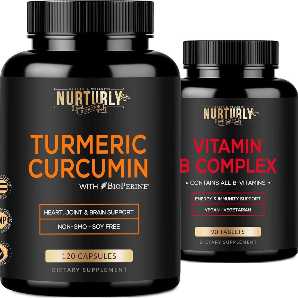 Vitamin B Complex and Turmeric Curcumin - Contains All Essential B Vitamins - B1, B2, B3, B5, B6, B7, B9, B12 and Biotin - High Absorption Turmeric Supplements 1300mg for Joint, Hearth Health