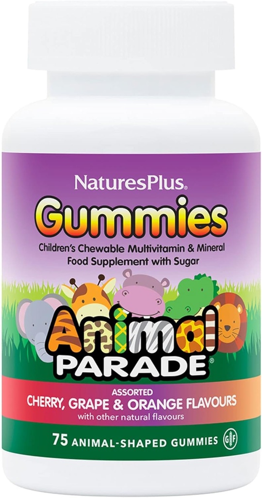NaturesPlus Animal Parade Source of Life Gummies - Natural Orange, Grape ve Cherry Flavors - 75 Animal Şekild Gummies - Tüm Gıda Çocuk Çokvitamini - Gluten-Free - 37 Hizmet