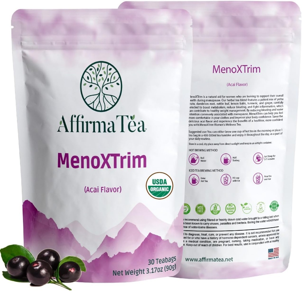 MenoXTrim Organic Menopause Relief: Hormon Denge | Bloating | Hot Flashes | Excess Water | Midlife Belly | Yerba Mate, Dandelion, Nettle Leaf, Lemon Balm, Turmeric, Ginger | Natural Açai Flavor.