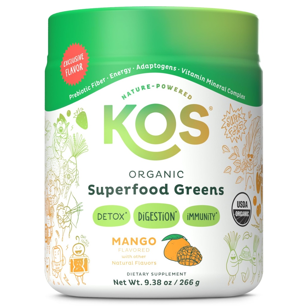 KOS Organik Superfood Greens Toz - Prebiyotik Fiber, Supergreens ve Adaptogens - USDA sertifikalı Organik, GMP sertifikalı Bir Tesiste Yapıldı - 28 Servisler Mango