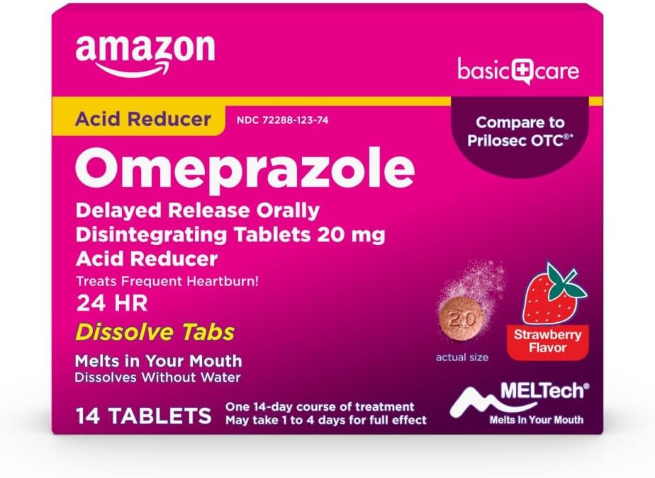 Temel Bakım Omeprazole Gecikmiş Yayın Orally Disintegrating Tabletleri, 20 mg, Asit Tespiti, Strawberry Flavor, 14 Kont (kısayı 1)