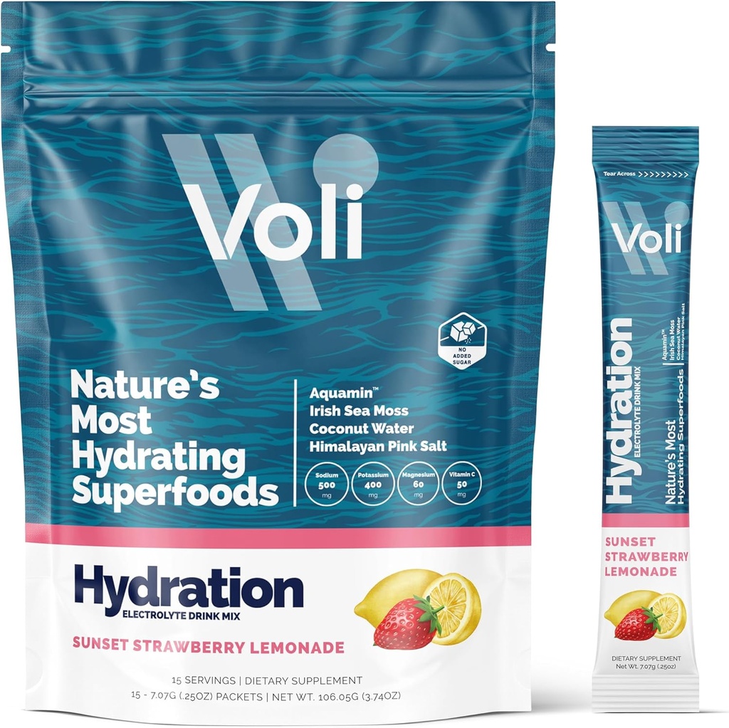 Voli Electrolytes Toz Paketleri | No eklenmiş Sugar Electrolyte Drink Mix for Hydration | Keto & Fasting Friendly, Natural Superfoods & Minerals | Strawberry Lemonade, 15Count
