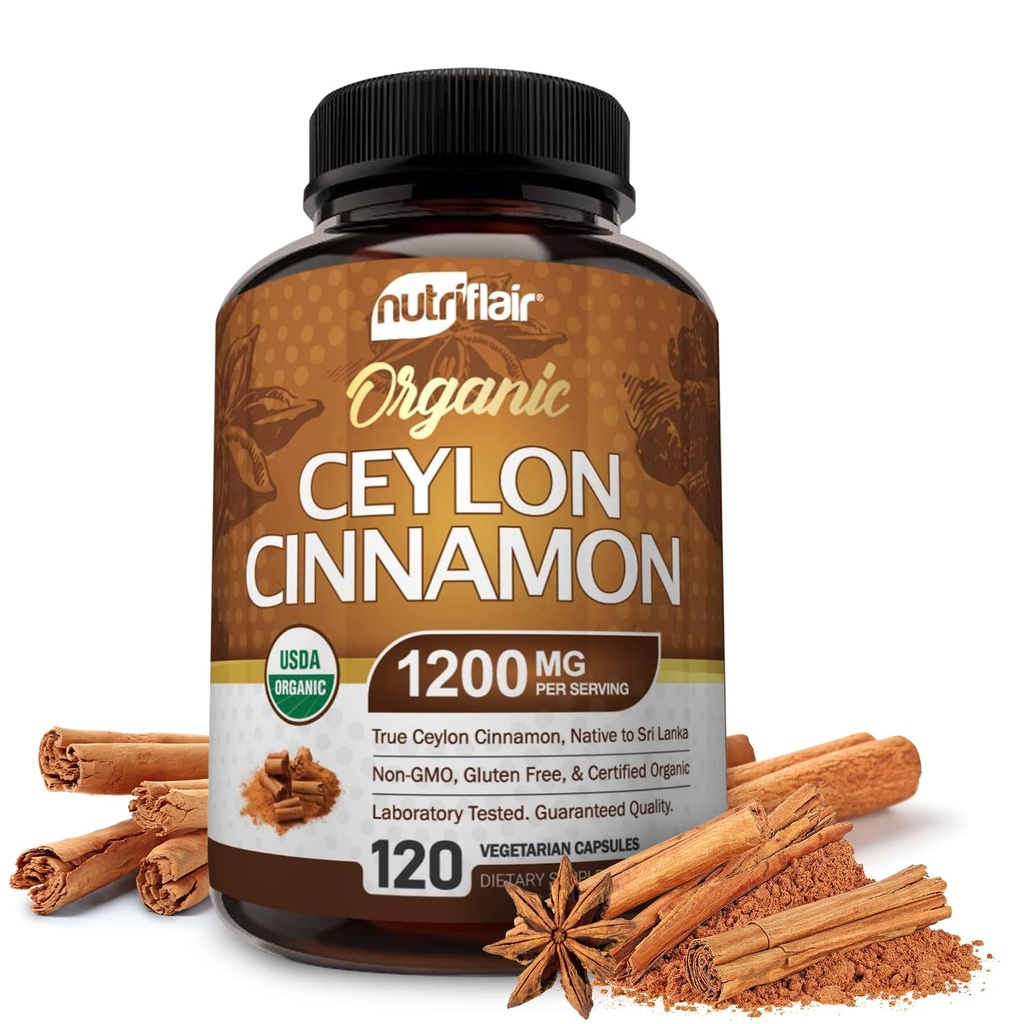 NutriFlair Organik Ceylon Cinnamon Supplement 1200 mg, 120 Capsules - USDA sertifikalı - Non-GMO, Gluten Free Toz, Antioksils