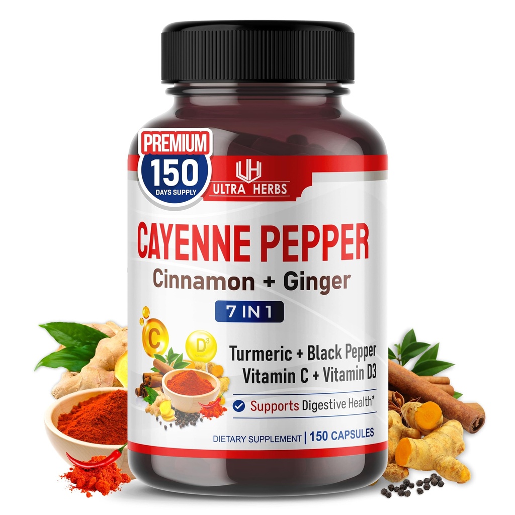 Cayenne Pepper 7 1 - Ginger, Turmeric, Cinnamon, Black Pepper - Digestive System Function (150-day Supply)