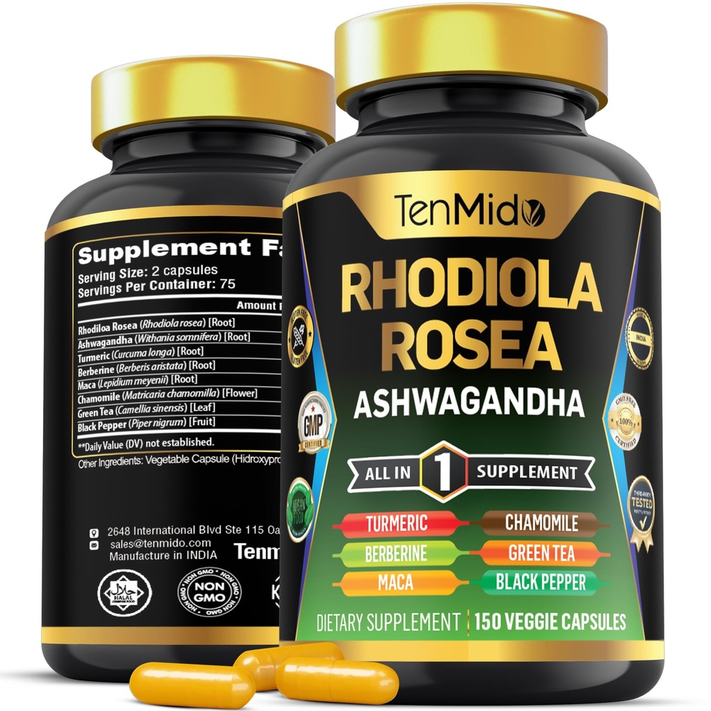 Rhodiola Rosea Supplement - 8in1 Formula - Ashwagandha, Turmeric, Berberine, Maca, Chamomile, Green Tea ve Black Pepper - Nutrient Rich - 150 Vegan Capsules