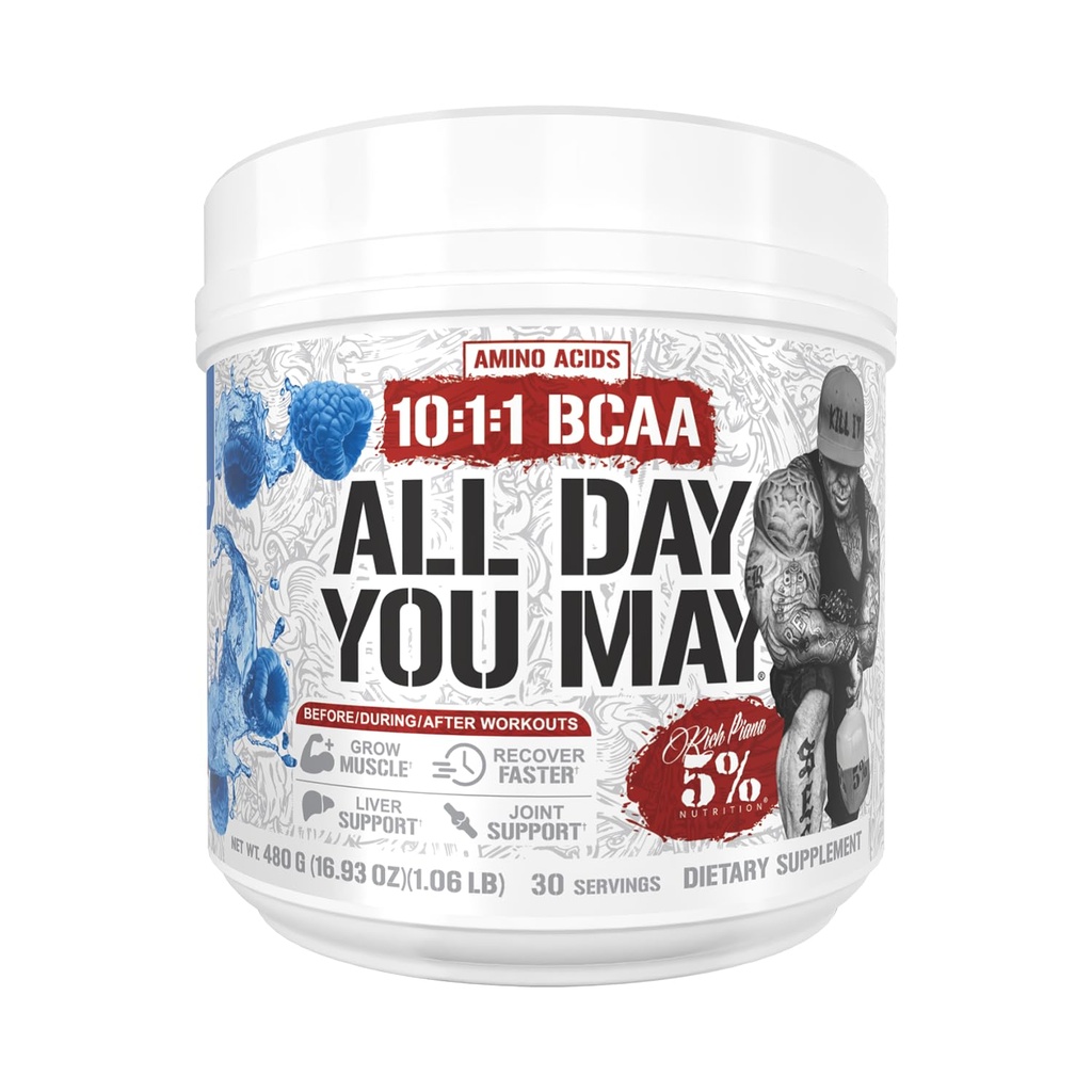 % 5 Beslenme Zengin Piana AllDay YouMay BCAA Toz | Premium Intra & Post Workout Platinum Acids, EAA, Electrolytes | Hydration, Endurance, Recovery | Vegan & Keto | 16.4 oz, 30 Srvgs (Mavi Raspberry)