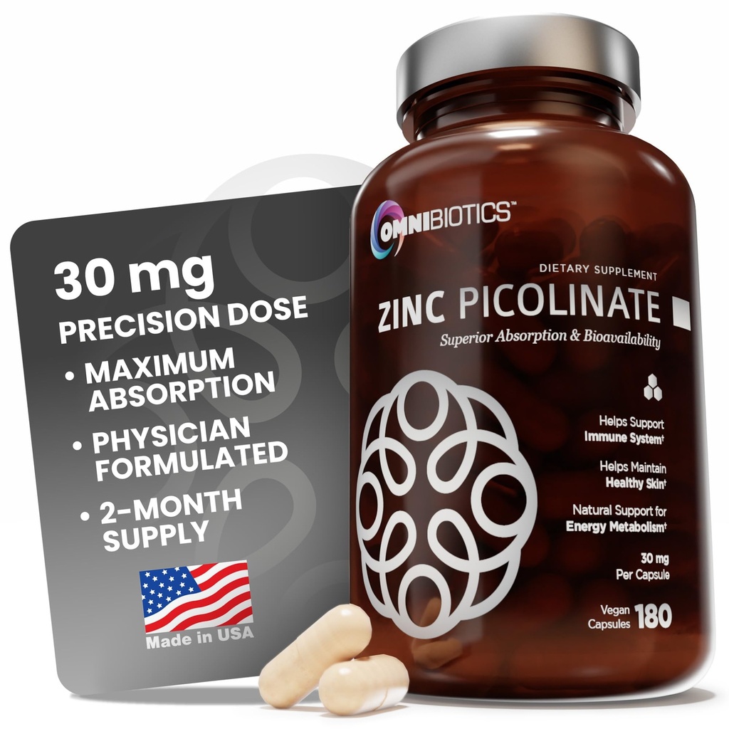 OmniBiotics Ψευδάργυρος Picolinate 30mg συμπλήρωμα – Ψευδάργυρος υψηλής απορρόφησης για το ανοσοποιητικό σύστημα, υγιές δέρμα, και την ενεργειακή υποστήριξη – 180 κάψουλες Vegan