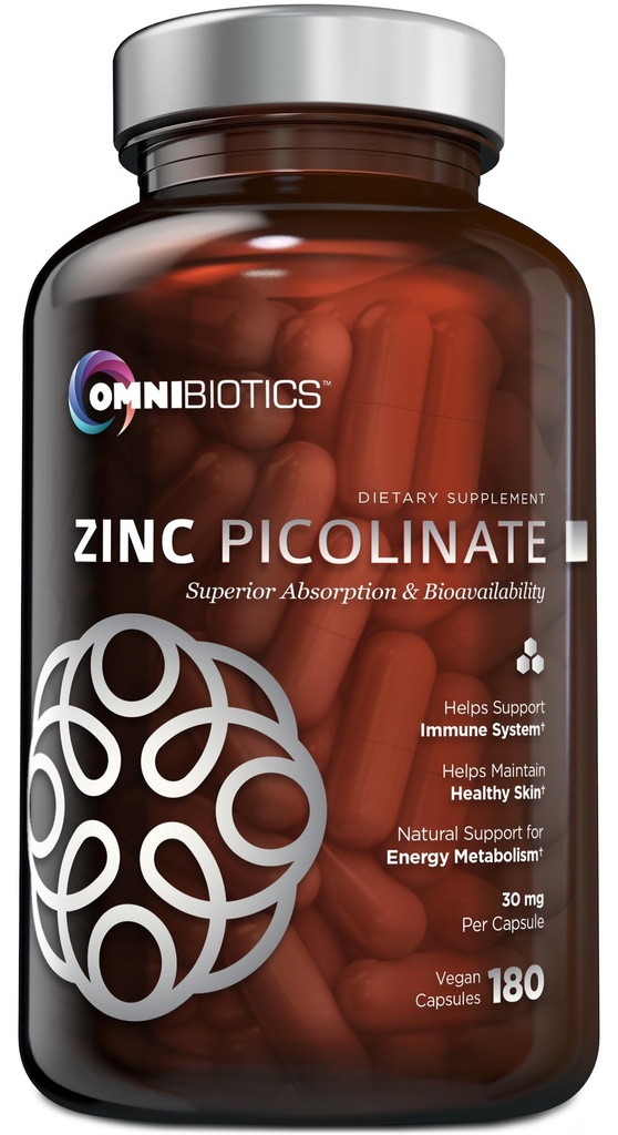 OmniBiotics Zinc Picolinate 30mg Supplement – High Absorption Zinc for Immune System, Healthy Skin, and Energy Support – 180 Vegan Capsules