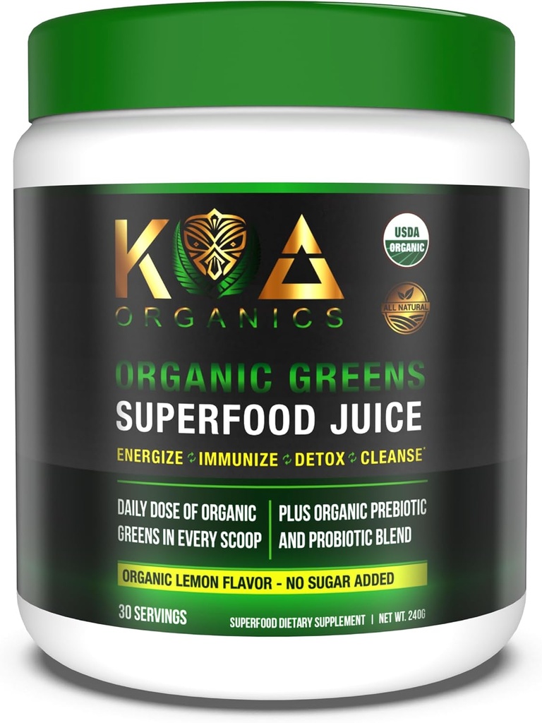 Greens Superfood Juice Toz - USDA Organik Super Greens Toz Spirulina, Chlorella, Matcha, Buğday Grass, Digestive Enzymes & Probiyotiks - Lemon Flavor -30 ServQ