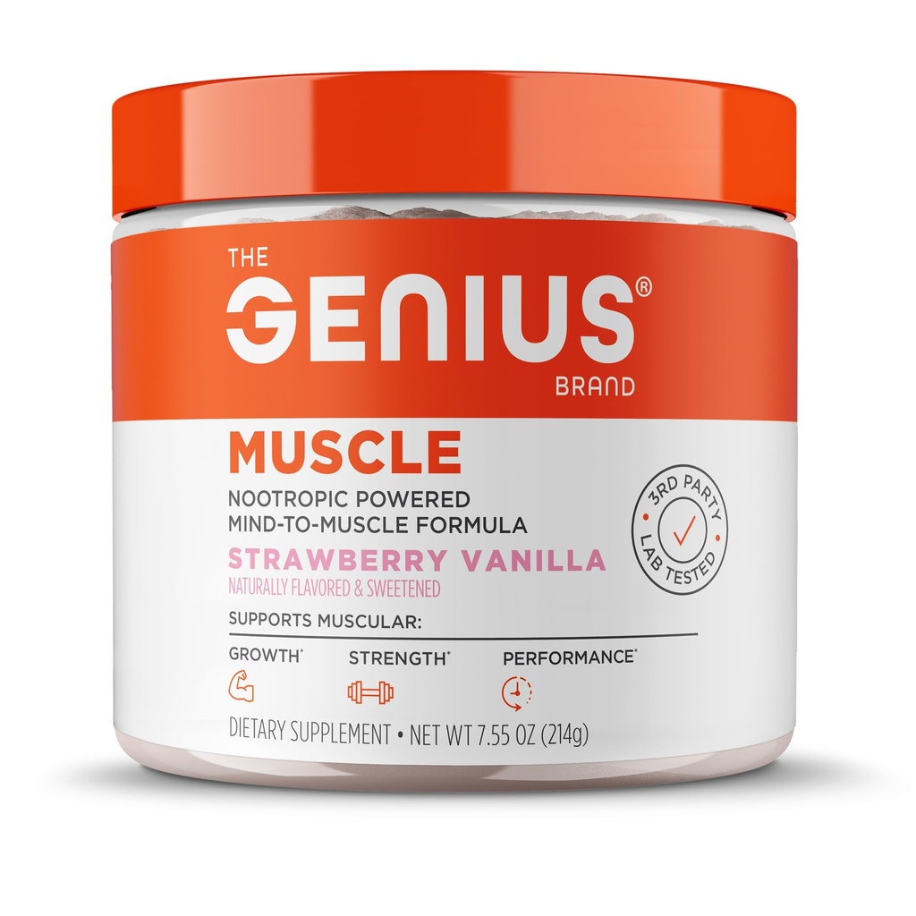 Genius Brand Genius Muscle - Muscle Health Supplement for growth, Endurance & Recovery - Non-Hormonal Formula - 6 Organik Mushrooms - Doğal Olarak Saklanmış - 30 Hizmet - Strawberry Vanillailla