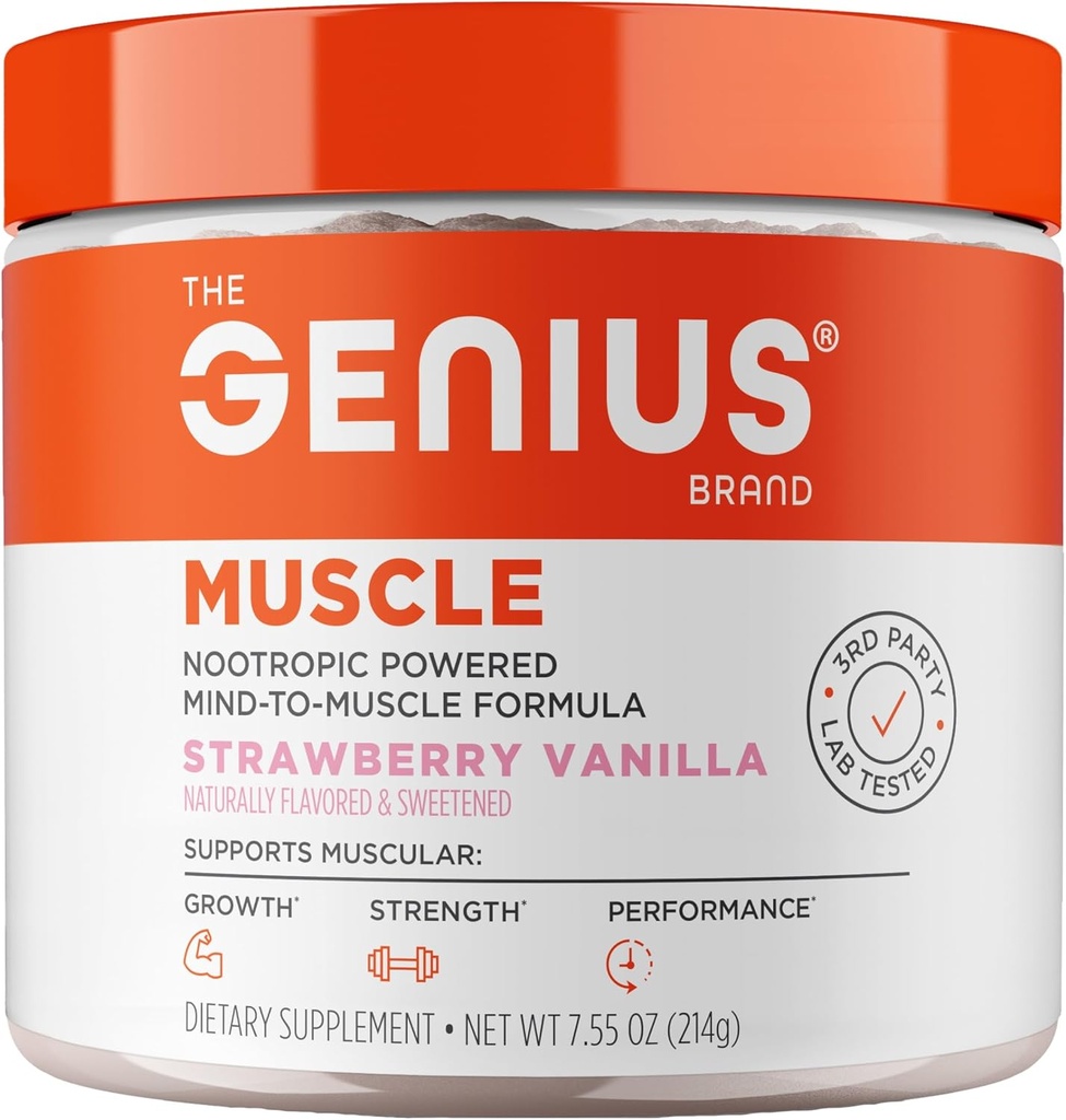 The Genius Brand Genius Μύες - Μύες συμπλήρωμα υγείας για την ανάπτυξη, την αντοχή και την ανάκτηση - Μη ορμονική Φόρμουλα - 6 Βιολογικά Μανιτάρια - Φυσικά-γλυκασμένα - 30 Υπηρεσίες - Βανίλια Φράουλα