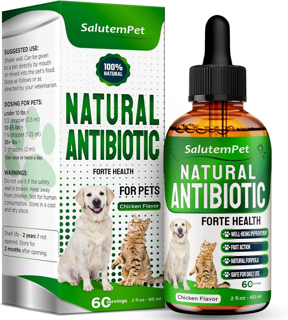 Dog Antibiyotiks Forte Health | Antibiyotiks for Cats | Herbal Supplement for All Breeds | Easy Breathing | Digestion and Urination | Skin & Coat | Tavuk Flavor | 2 Oz