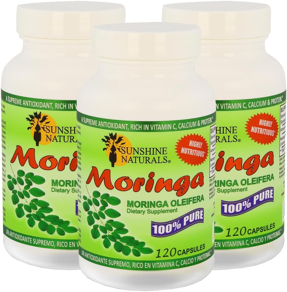Sunshine Naturals Moringa Diyetary Supplement. Immune System Aid, Energy Branson, Antioxy Support ve Nutrient-Rich Superfood. Digestion ve Heart Health'ı teşvik eder. 120 Capsules. Paket 3