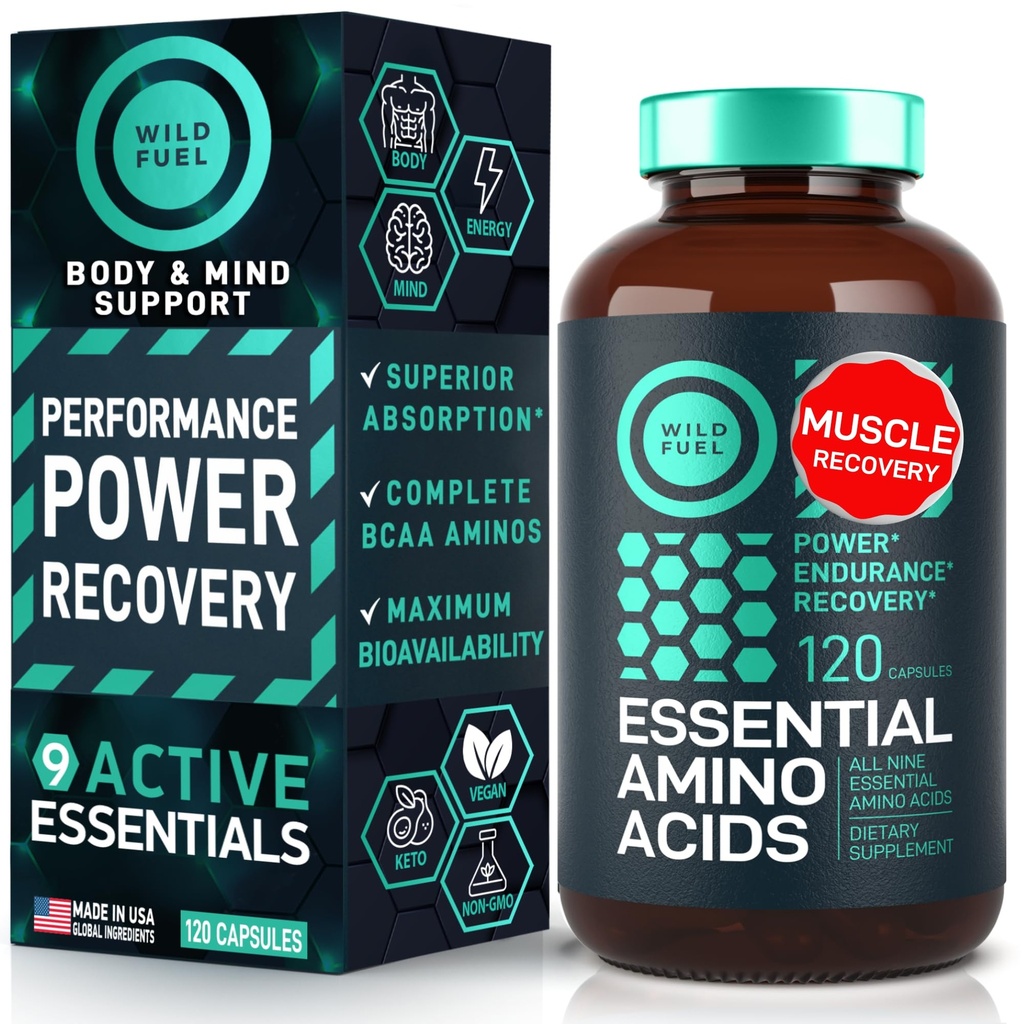 Essential Asits Supplement - BCAA'larla Tüm 9 EAAs with BCAAs Amino Asits (Leucine, Lysine, Valine, Threonine) - 3000 mg Per Ürün - Kas Büyüme, Power, Recovery - 120 Vegan, Caffeine Free Capsules