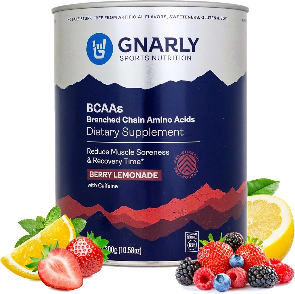 Gnarly Beslenme BCAA Toz, Berry Lemonade – Pre-Workout BCAAS Amino Asits – NSF Sport Onaylandı – Destek ve Yeniden Geliştirme Kası - Truade ile Caffeine, 10.58 oz
