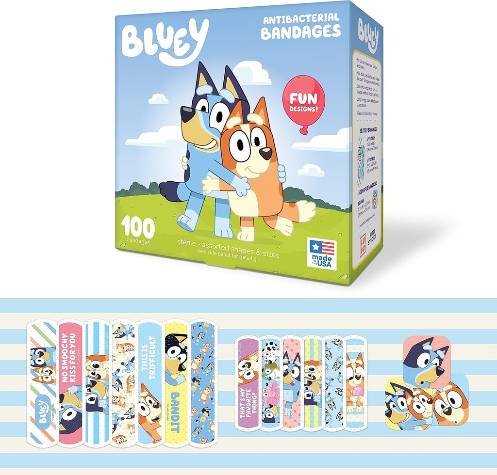 Bluey Kids Bandages, 3 Assorted Sizes 100 CT | Wear Like Stickers, Flexible Adhesive Bandages for Minor Cuts, Scrapes, and Burns. Great Gift idea and Stocking Stuffer