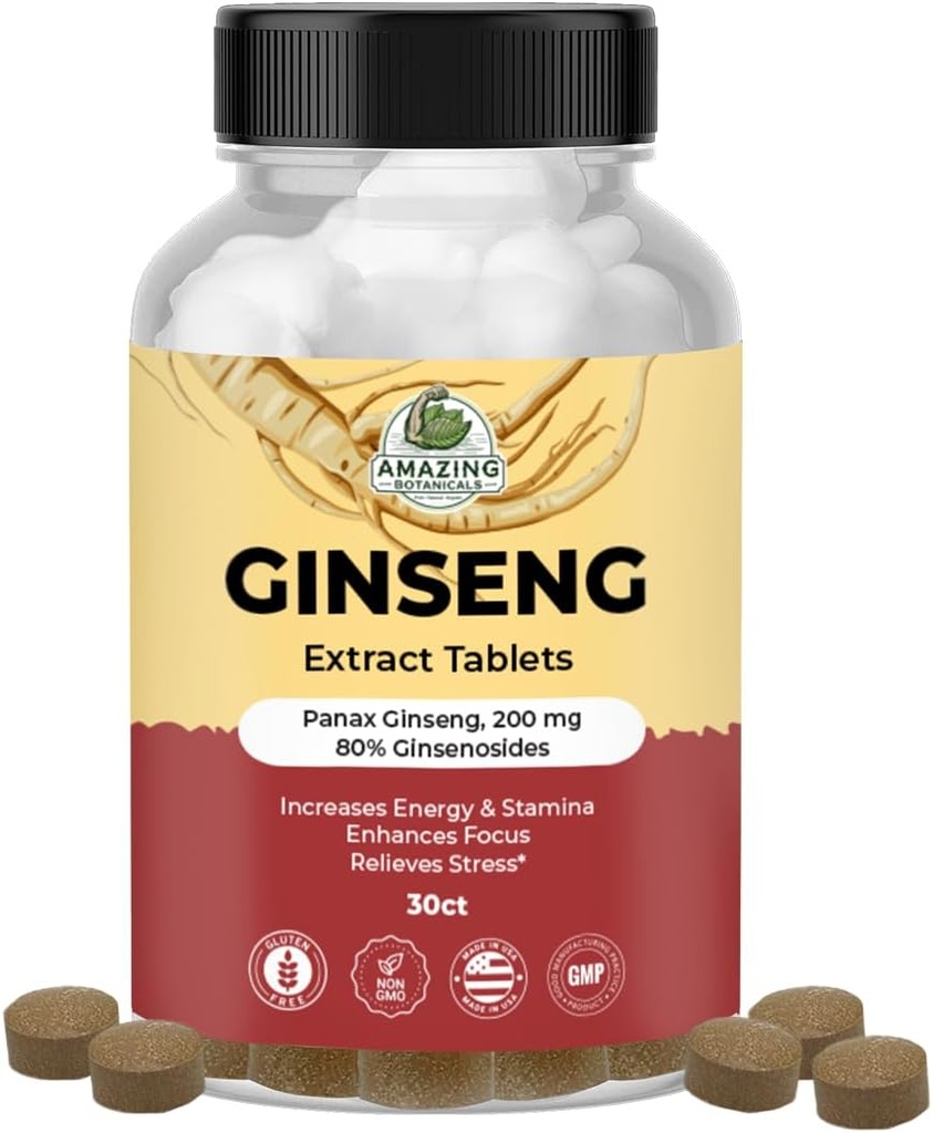 Şaşırtıcı Botanikler Panax Ginsengi Tabletleri - 200 mg Yüksek Potent% 80 Ginsenosides for Energy & Relaxation - Natural Herbal Supplement for Cognitive Branson - 30 Tabletler
