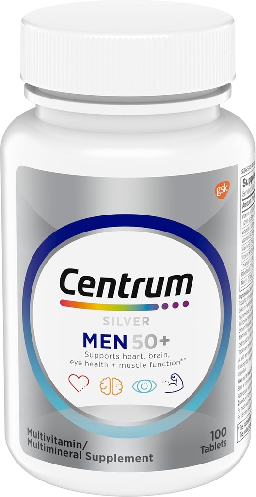 Centrum Silver Multivitamin for Men 50 Plus, Multimineral Supplement, Vitamin D3, B-Vitamins and çinko, Gluten Free, Non-GMO Malzemeler, Supports Memory and Cognition in Yaşlı Yetişkinler - 100 Ct