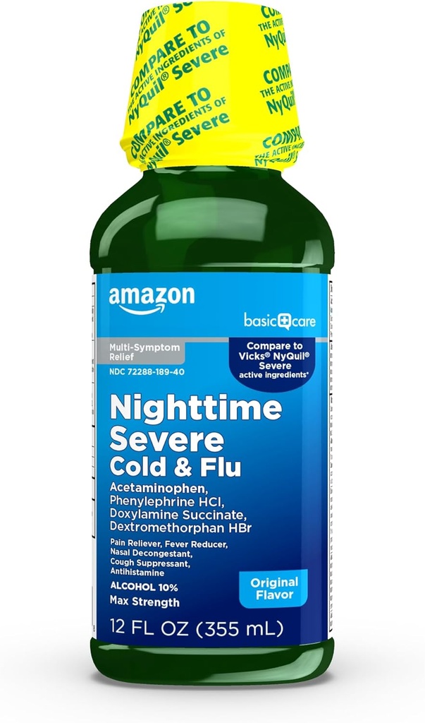 Basic Care Nighttime Severe Cold & Flu Liquid, Original, 12 fl oz (Pack of 1)