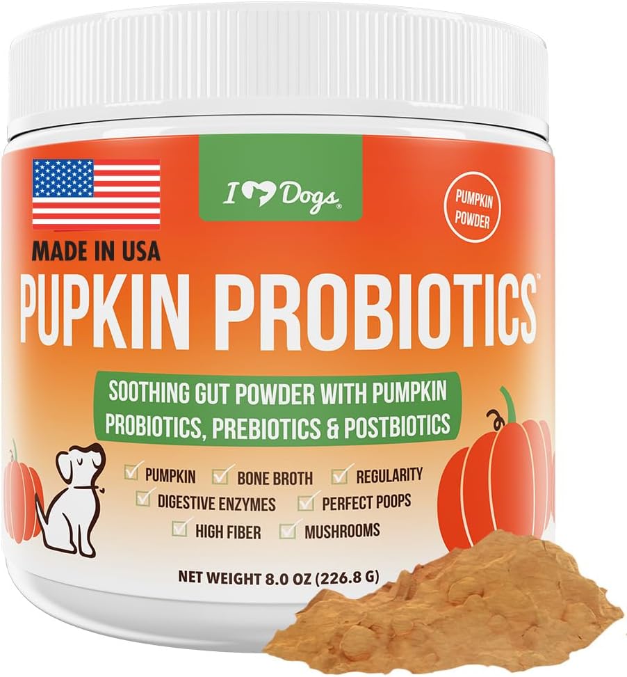 IHeartDogs Pupkin Probiyotiks, Prebiyotiks, & Postbiyotiks for Dogs with Riley, Gut Soothing Bone Broth & Mushrooms - 30 Scoops
