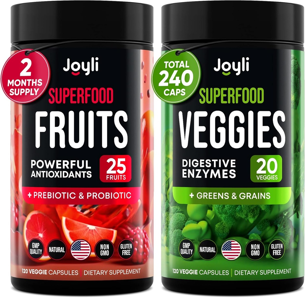 Meyveler ve Veggies Supplement - Immunity, Gut & Energy - Super Reds & Super Greens Supplements with Marshmallow Root - 240 Reds and Super Greens Toz Superfood Capsules