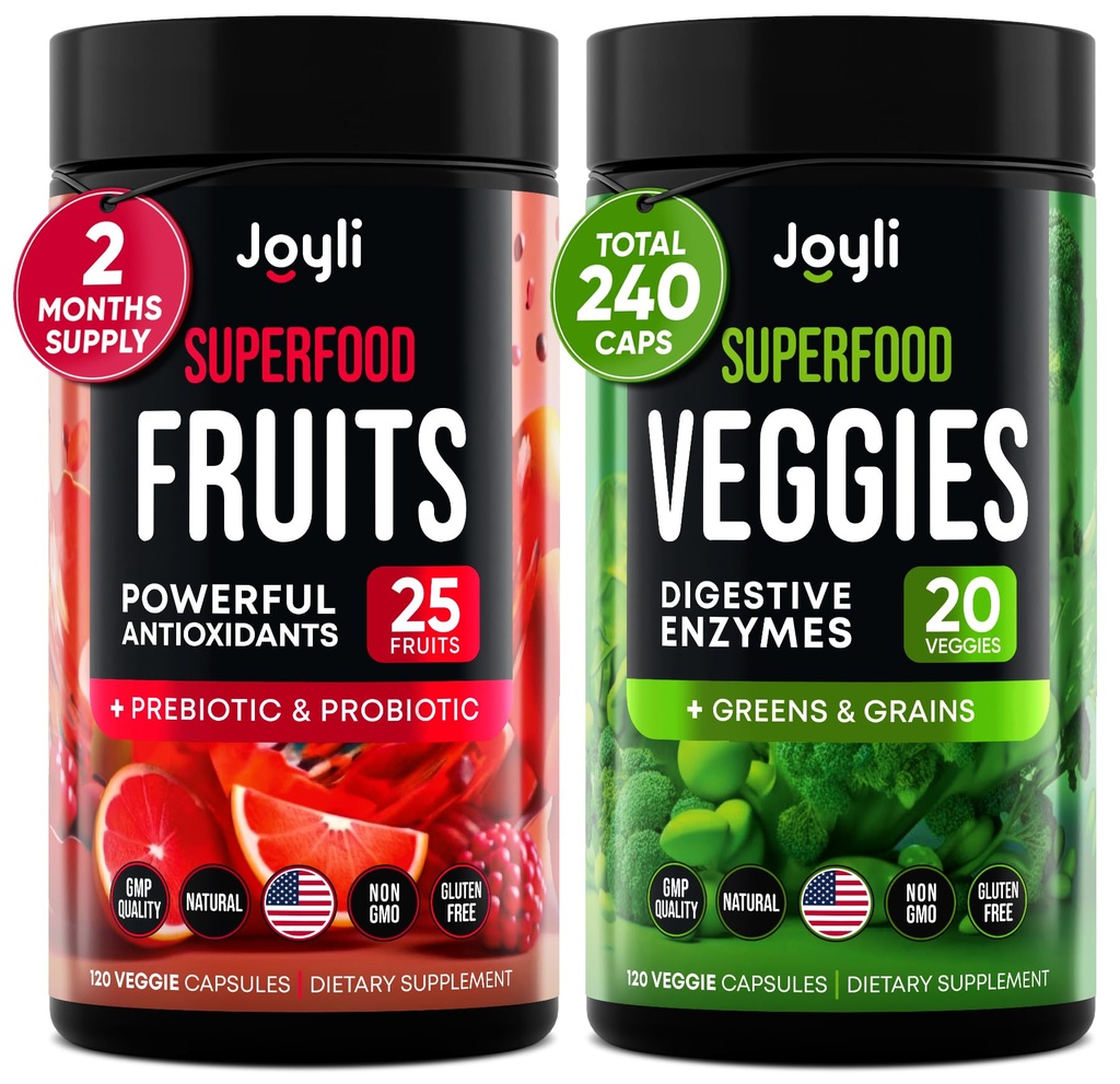 Meyveler ve Veggies Supplement - Immunity, Gut & Energy - Super Reds & Super Greens Supplements with Marshmallow Root - 240 Reds and Super Greens Toz Superfood Capsules