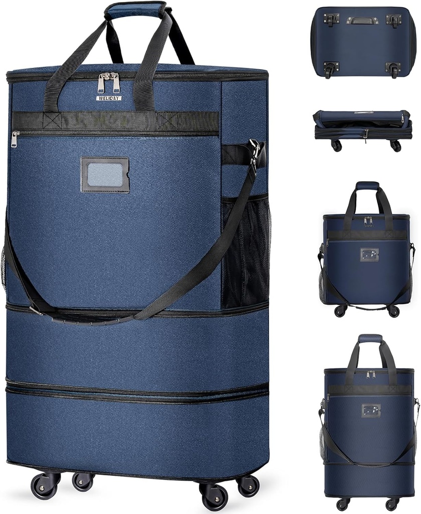 Suitcases with Wheels Expandable Luggage Bag Foldable Suitcase with 4 Universal Wheels Collapsible Rolling Travel Bag Large Capacity Duffel Bag (Blue)