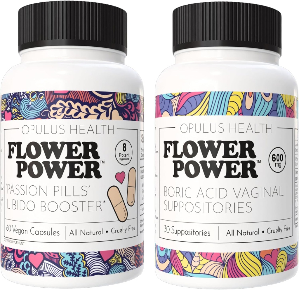 Çiçek Gücü - Tutku Pills Libidofun & Boric Acid Suppositories - Tüm Doğal Feminine Care Scheido, Odor Control ve Dengeli Vaginal Health - 60 Vegan Capsules, 600 mg - Ma
