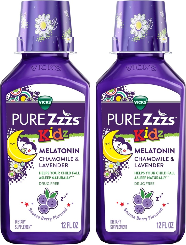 Vicks Pure Zzzs Kidz Melatonin, Çocuklar Melatonin Liquid, Sleep Aid, Drug-Free, Liquid Melatonin 1mg, Chamomile & Lavender, Melatonin Sleep Aids for Kids, Snooze Berry Flavored, 2 Pack, 24 FL OZ