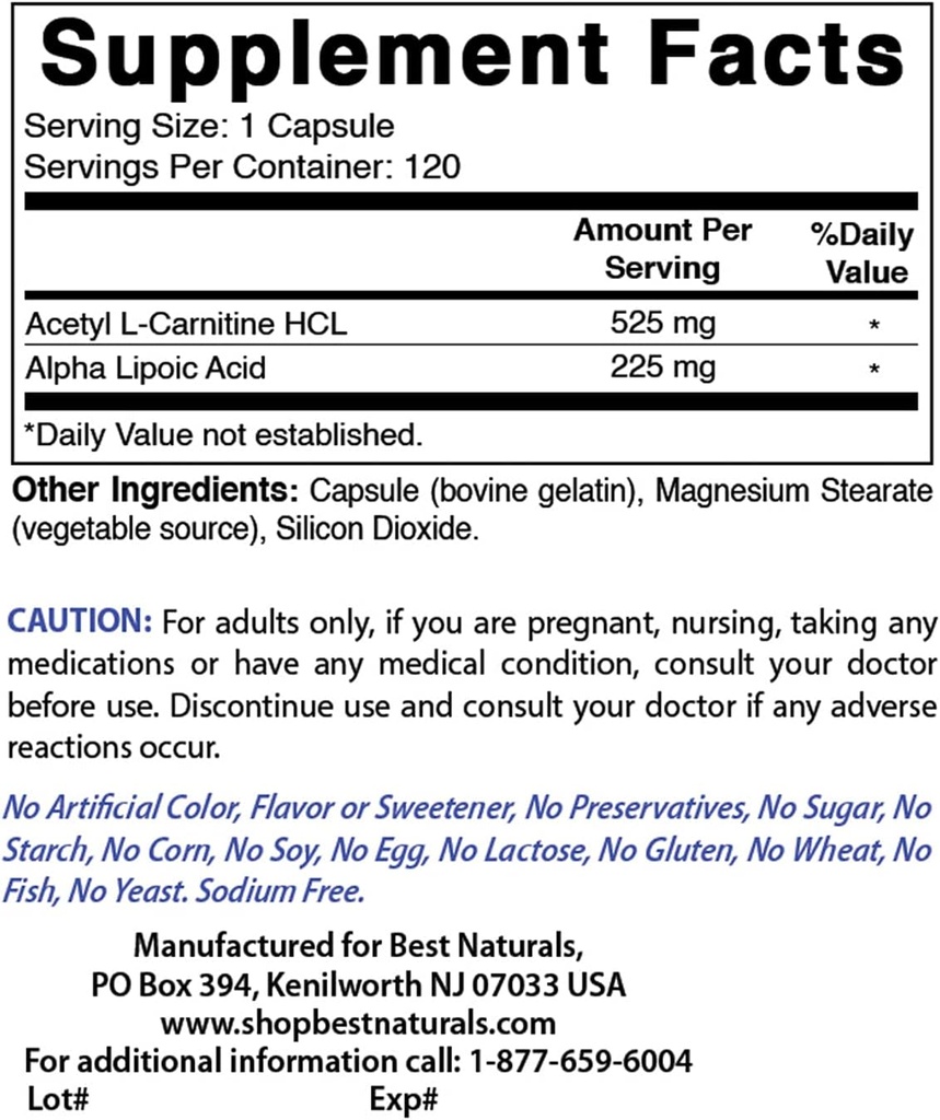 Best Naturals Acetyl L-Carnitine and Alpha Lipoic Acid 750 mg & Turmeric Curcumin 1500mg/Serving with Bioperine