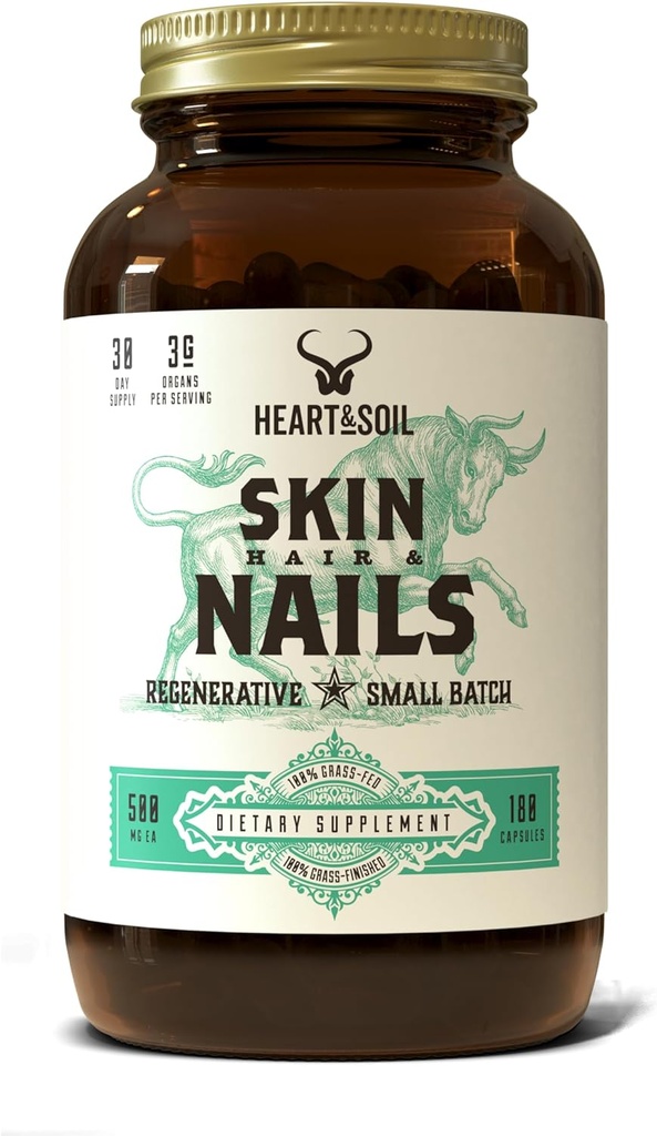 HEART & SOIL – 3000mg Skin, Hair and Nails συμπλήρωμα υποστήριξης με χορτάρι Fed Beef Liver, Μυελό των οστών, Cartilage, Biotin, Collagen, Βιταμίνες A, Riboflavin, Elastin – 180 Κάψουλες