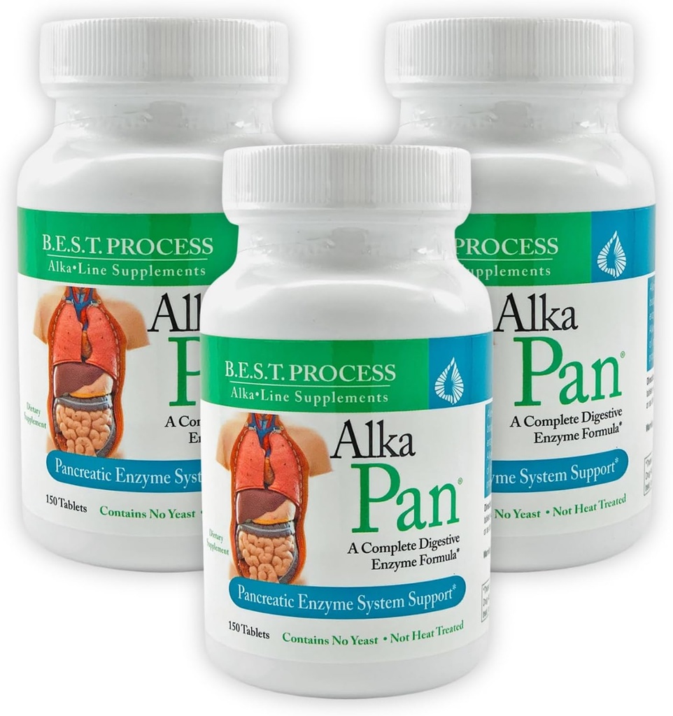 Alka-Pan (3 Pack) Καλύτερη διαδικασία Αλκαλίνη — Φυσικό συμπλήρωμα πέψης — Παγκρεατικά ένζυμα με αντιοξειδωτικά-Rich Superfoods & Digestive Βότανα