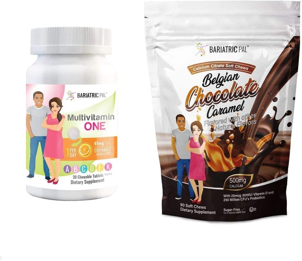 BariatricPal 30-Day Bariatric Vitamin Bundle (Πολυβιταμίνη 1 ανά ημέρα! με 45 mg σιδήρου Μασώμενα - Πορτοκαλί εσπεριδοειδή και ασβέστιο κιτρικό μαλακό μάσημα 500mg με προβιοτικά - βελγική σοκολάτα καραμέλ)