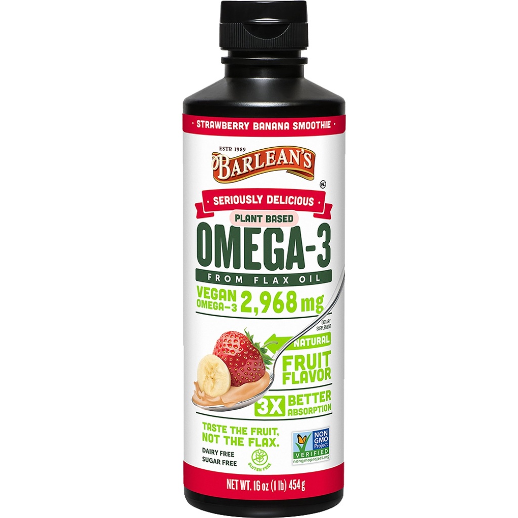 Barlean's Vegan Omega 3 6 9 Flaxseed Oil Liquid Supplement, Strawberry Banana Smoothie, Flax Seeds Oil with 2,968 mg ALA Fatty Acid, Non-GMO ve Gluten Free, 16 ozzz