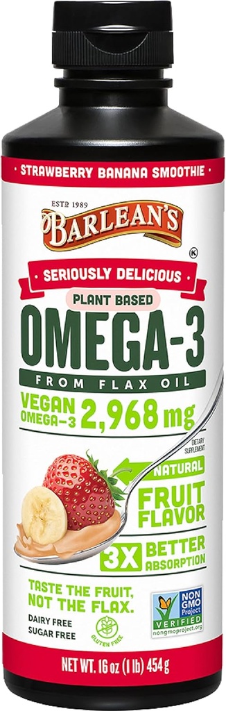Barlean's Vegan Omega 3 6 9 Flaxseed Oil Liquid Supplement, Strawberry Banana Smoothie, Flax Seeds Oil with 2,968 mg ALA Fatty Acid, Non-GMO ve Gluten Free, 16 ozzz
