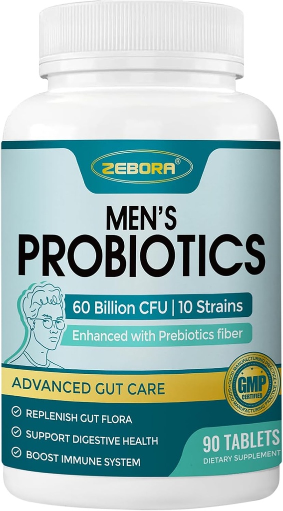 ZEBORA Probiyotiks for Men and Prebiyotiks for Digestive Health, 90 Tablet, Immune and Gut Health, 10 Strains, hipoallergenic Probiyotiks, Raf Stable, Gluten & Soy Free