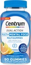Centrum MultiGummies Multi+ Dual Action mental Focus Yetişkin Multivitamin with Caffeine from Green Tea, Supports mental Focus, Dikkat ve Uyarılık, Lemon/Orange Flavors - 90 Count Count