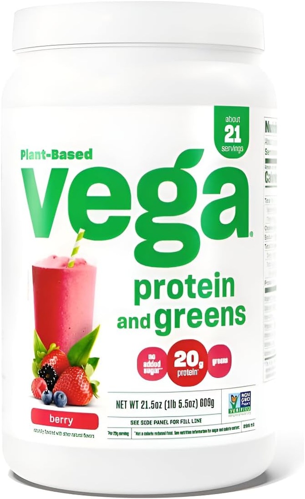 Vega proteini ve Yeşiller Protein Toz, Berry - 20g Plant bazlı Protein Plus Veggies, Vegan, GMO, Pea Protein for Women and Men, 1.3 lbs (Pazar Mayıs Vary)