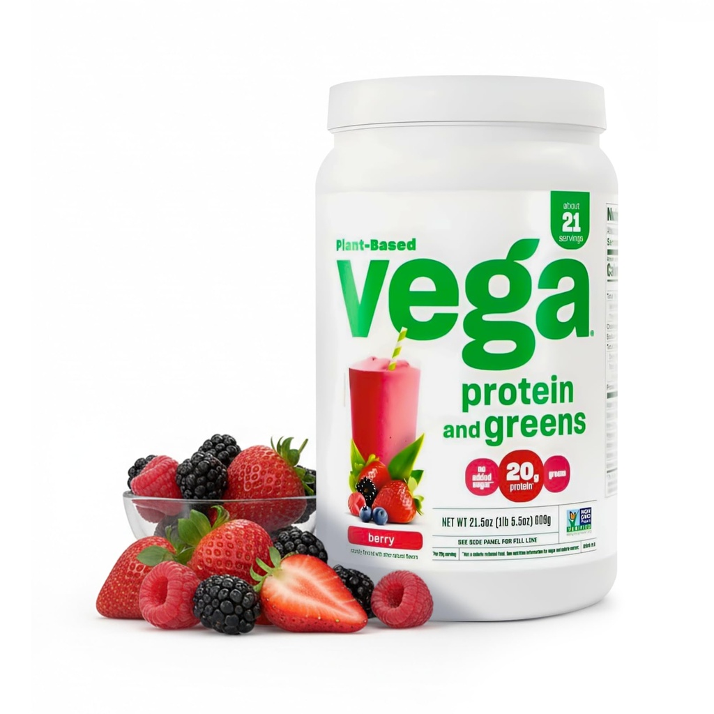 Vega proteini ve Yeşiller Protein Toz, Berry - 20g Plant bazlı Protein Plus Veggies, Vegan, GMO, Pea Protein for Women and Men, 1.3 lbs (Pazar Mayıs Vary)