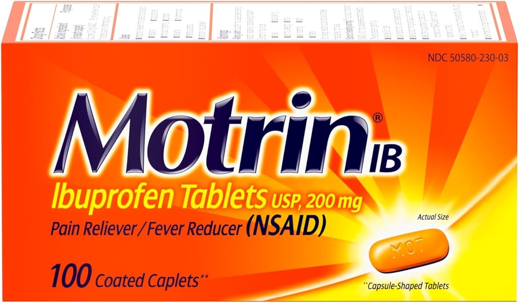 Motrin IB, Ibuprofen 200 mg Tabletleri, Muscular Aches, Headache, Backache, Menstrual Cramps & Minor Arthritis Pain, NSAID, 100 Ctt