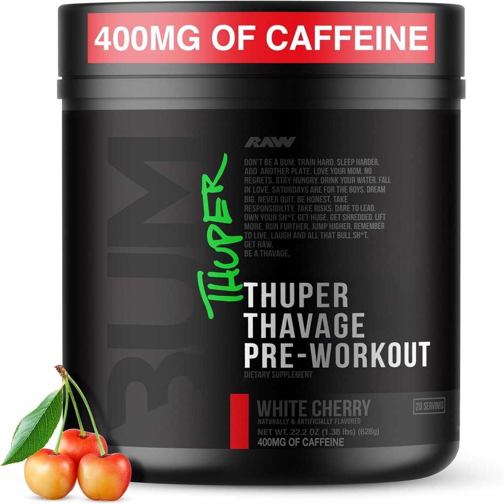 RAW Thuper Thavage Pre Workout Toz - Yüksek-Stim Kretale Çalışmak, Beta Alanine, L-Citrulline & Caffeine - Chris Bumstead Gym & Fitness Supplement for Men & Women - White Cherry