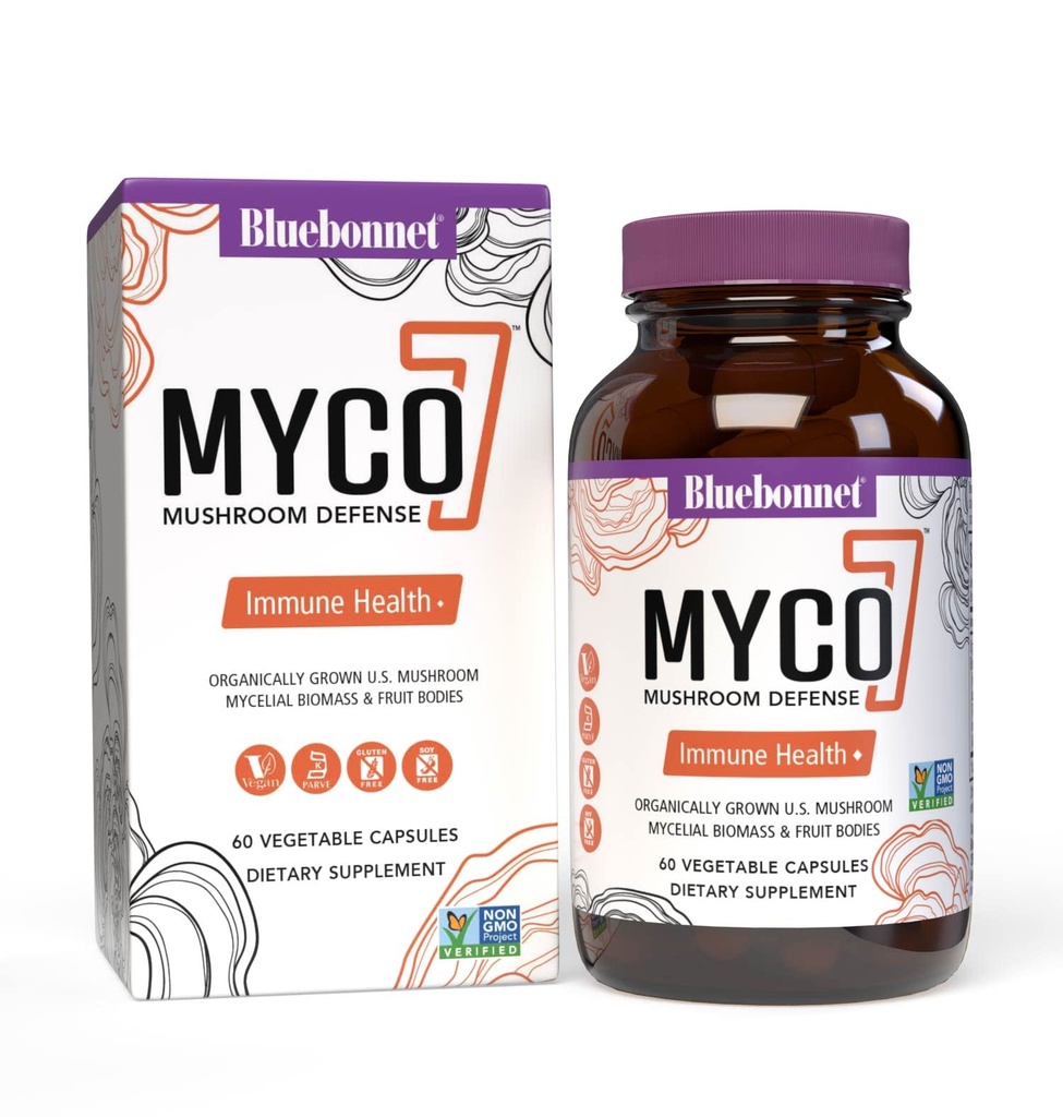 BlueBonnet Beslenme Myco-7 Mushroom Savunması – 7 Organik olarak ABD'nin tamamını, Full-Cycle Mushrooms - Immune & Wellness - Soy-Free, Gluten-Free, Non-GMO, Kosher ve Vegan - 60 Sebzeli