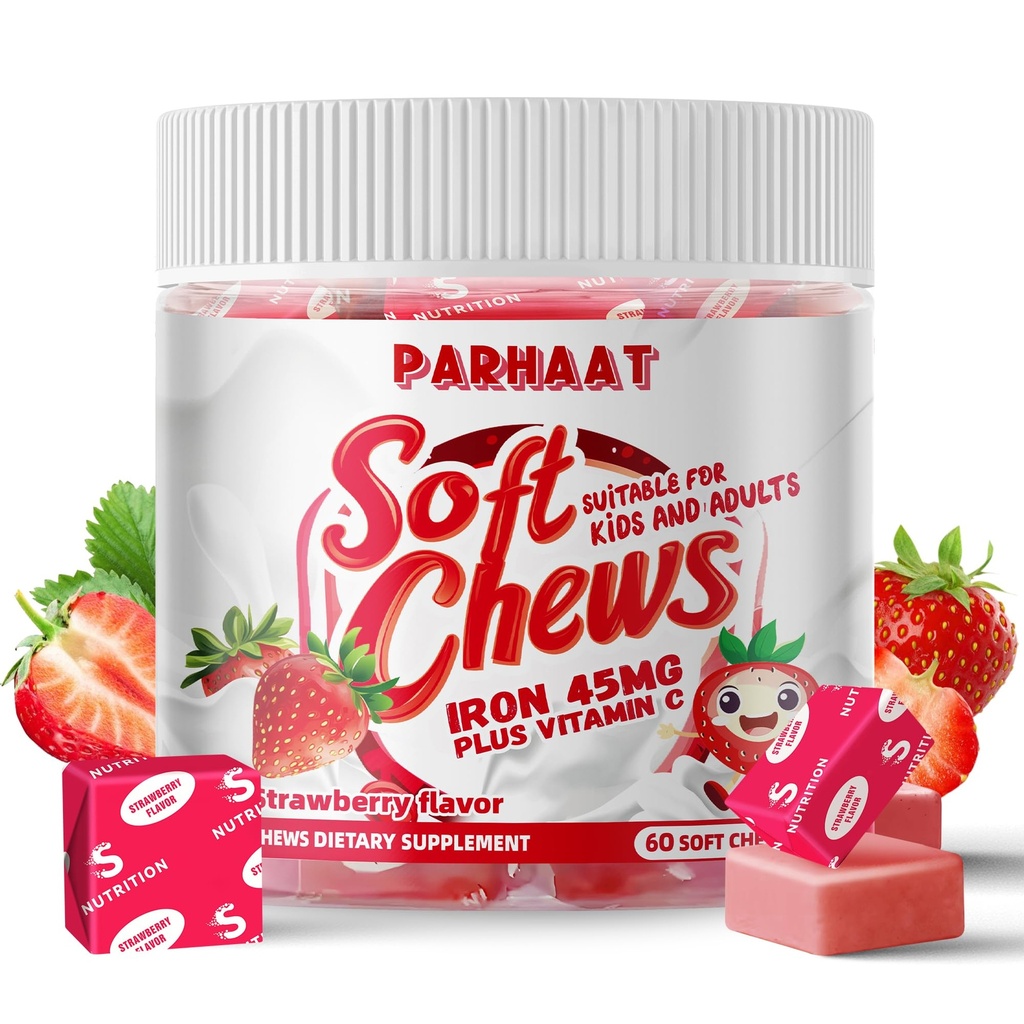Demir Soft Chew Supplement ile C | Strawberry Flavored | Gluten Free | Kadın Erkek ve Çocuklar için Demir Supplement | 60 Kont | 2 Ay Supply