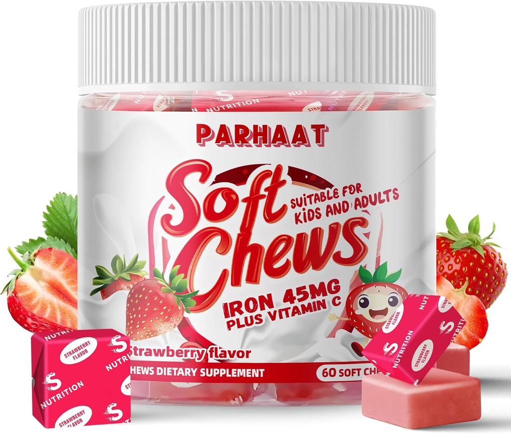 Demir Soft Chew Supplement ile C | Strawberry Flavored | Gluten Free | Kadın Erkek ve Çocuklar için Demir Supplement | 60 Kont | 2 Ay Supply