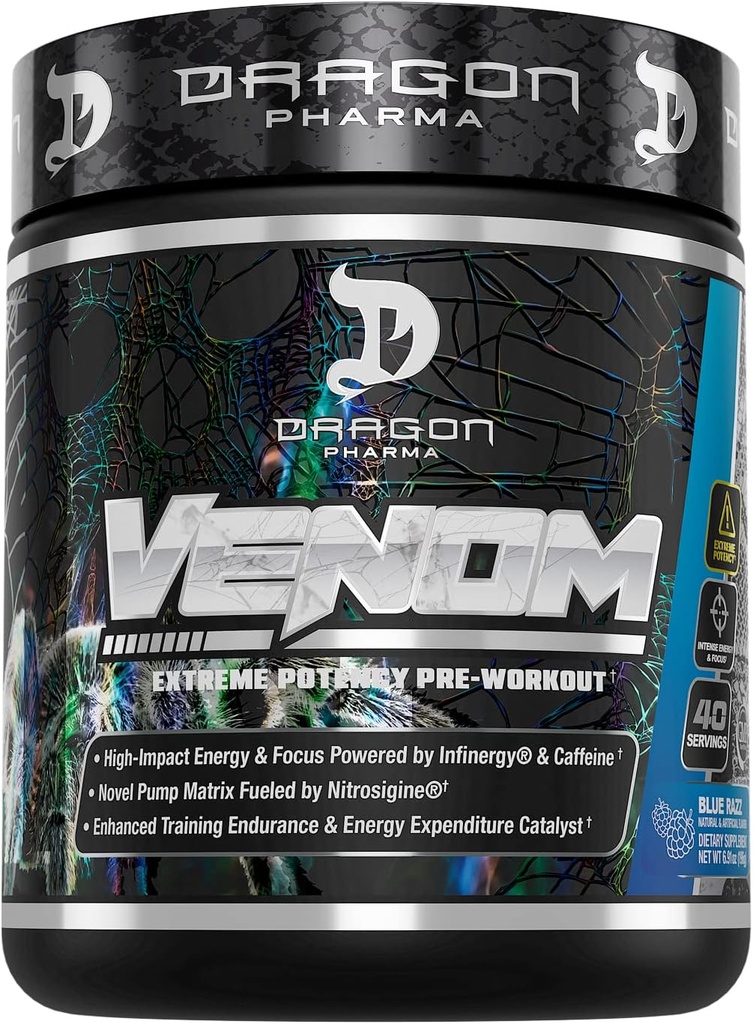 DRAGON PHARMA Venom Extreme Potency Pre-Workout, Laser Sharp Focus + Ενέργεια, Έντονη απόδοση, Αποδεδειγμένα συστατικά για την ενισχυμένη αγγειοδιαστολή & αντοχή (40 εξυπηρετούν, Blue Raspberry)