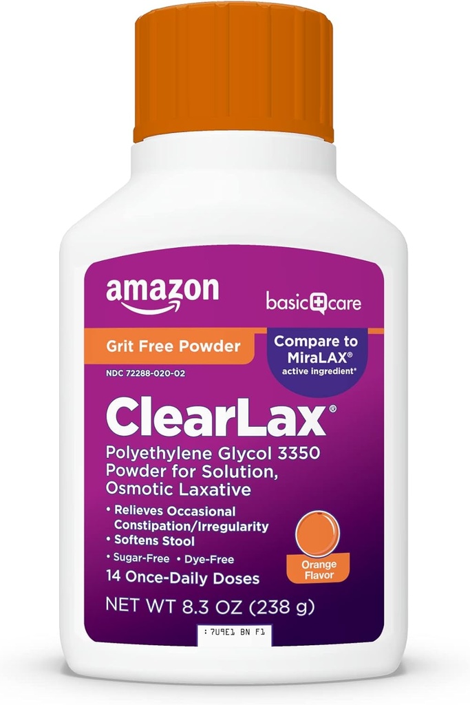 Basic Care ClearLax Πολυαιθυλενογλυκόλη 3350 Σκόνη για Λύση, Πορτοκαλί Γεύση, Οσμωτική Λάξευση, Αποσκληρυντής Στολών, Ανακουφίζει Περιστασιακή Δυσκοιλιότητα, 8,3 ουγγιά (πακέτο του 1)