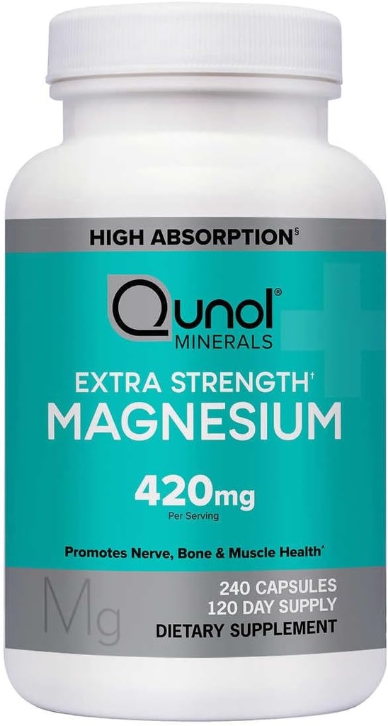 Qunol Μαγνήσιο επιπλέον δύναμη 420mg, χορτοφαγικά & χωρίς γλουτένη, 240 κάψουλες