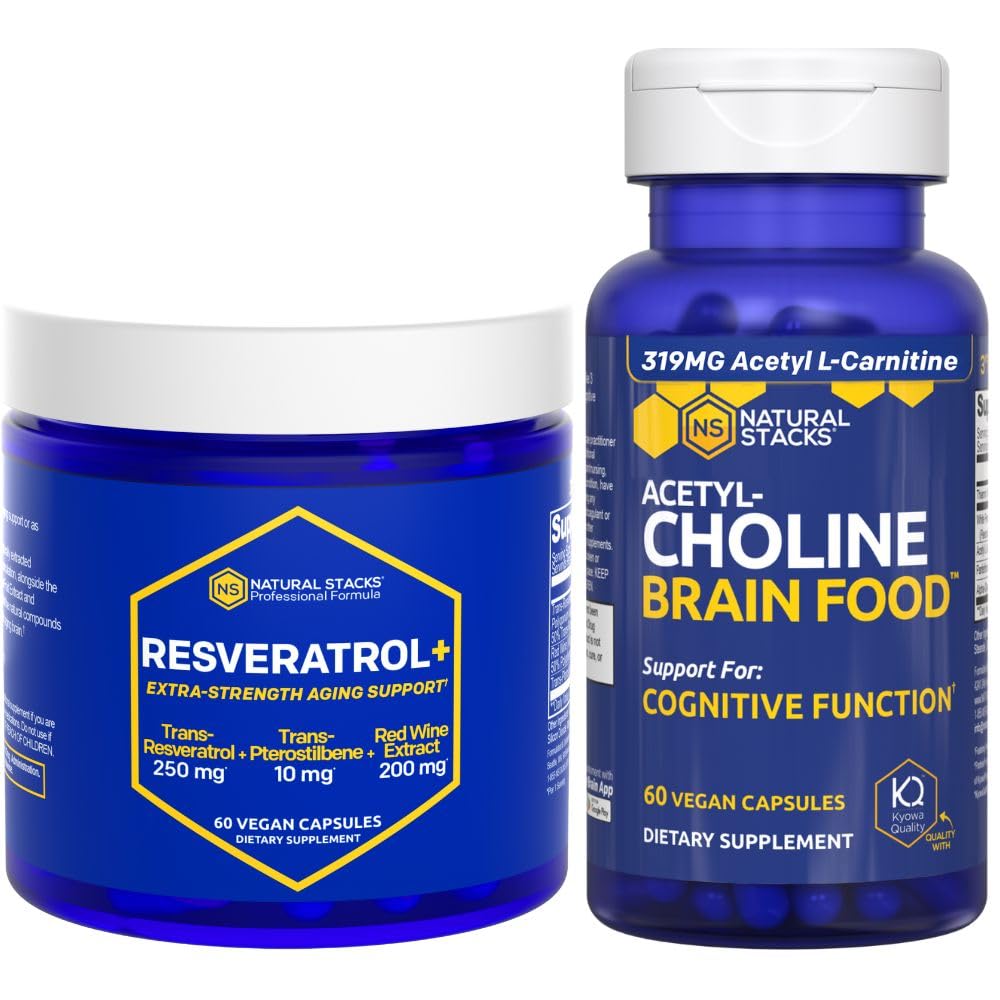 ΦΥΣΙΚΑ STACKS Acetylcholine Brain Food + Resveratrol συμπλήρωμα Bundle - Υποστηρίζει Γνωστική λειτουργία & εγκεφαλική γήρανση * - 120 Σύνολο κάψουλες