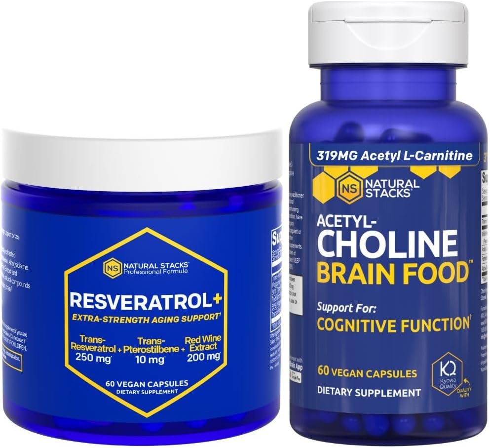 NATURAL STACKS Acetylcholine Brain Food + Resveratrol Supplement Sche - Supports Cognitive Function & Brain Aging* - 120 Total Capsules